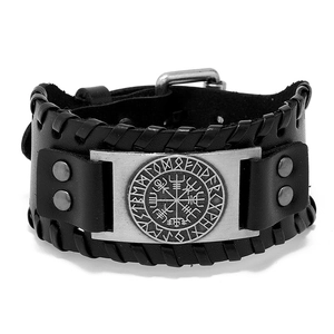 Men's Viking Vegvisir leather bracelet with a braided design and magnetic metal clasp