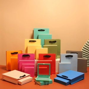 Colorful floating gift boxes and matching paper bags in various sizes for jewelry storage