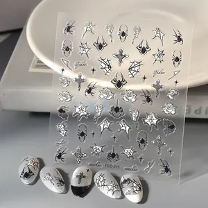 5D Embossed Nail Art Stickers Gothic Spider Web Halloween Dark Rose Cross Skull Waterproof Adhesive Decals