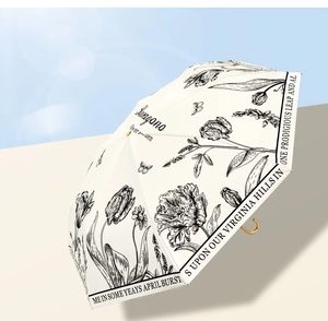 Detail view of white folding umbrella with black floral line art and gold hook handle