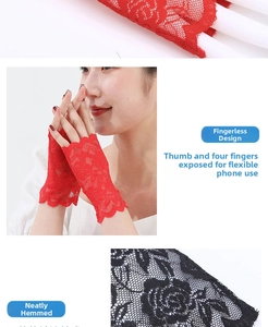 Detailed lace fingerless gloves showing neat stitching and breathable floral texture