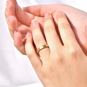 Vertical Striped Ring Ribbed Grosgrain Texture Band Stainless Steel 18K Gold Plated Minimalist Geometric Jewelry For Women