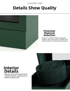 Macro shot of forest green PU leather texture and soft velvet watch pillow interior