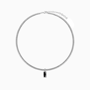 Minimalist silver snake chain necklace with rectangular black zircon pendant for women