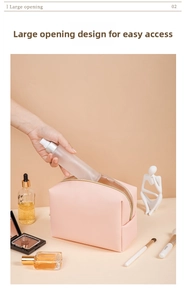 Pink PU leather makeup bag detail showing large opening design and spacious interior