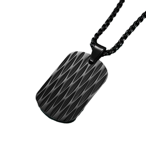 Men's black stainless steel necklace with textured rectangular pendant on white background