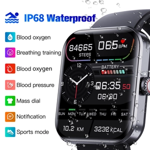 F57L waterproof smart watch with IP68 rating shown with water droplets and heart rate sensor