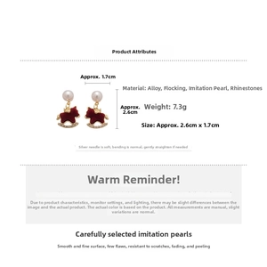 Detailed view of red flocked rocking horse earrings with pearls and crystals 2.6x1.7cm