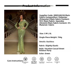 Detail of green sequin evening gown showing 95% polyester fabric and open back design