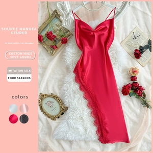 Women Sexy Satin Nightgown Lace Trim Backless Spaghetti Strap Sleepwear Elegant Imitation Satin Slip Dress