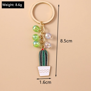 Detailed view of beaded cactus keychain with dimensions 8.5cm by 1.6cm and weight 8.6g
