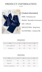 Detailed size chart for women's silk satin pajama set with sling top and long pants