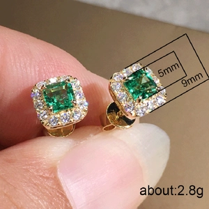 Square emerald zircon earrings in 18k yellow gold with halo white diamonds