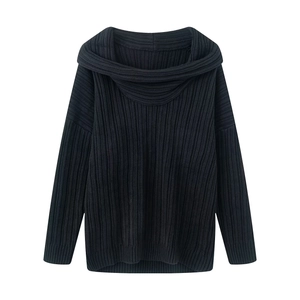 Detail of black off-the-shoulder knit sweater featuring ribbed texture and slouchy collar