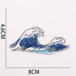 Detail showing 8x4.6cm Japanese wave embroidery patch with size measurements