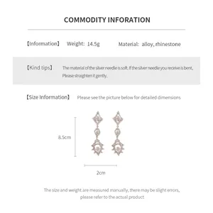 Size guide showing 8.5cm long drop earrings with rhinestone details and alloy material