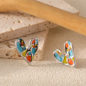 Artistic heart-shaped stainless steel earrings with colorful enamel dripping oil design