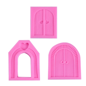 Three-piece set of pink silicone molds with fairy door and heart shapes for cake decorating