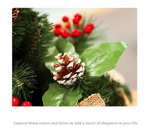 Close-up of mini Christmas tree branch with pine cones, red berries and snow detail