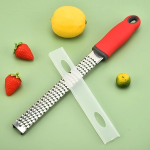 Red handle stainless steel lemon zester and cheese grater with protective cover for baking