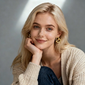 Close-up of 18k gold plated twisted heart stud earrings worn by a blonde model
