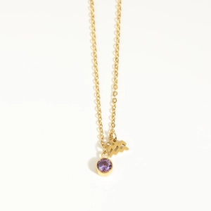 Detail of gold chain necklace with purple gemstone and Aquarius zodiac symbol charm