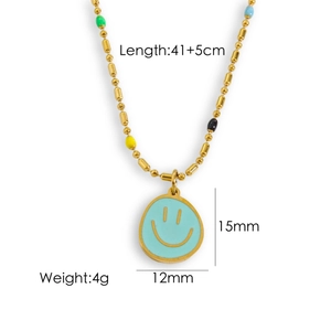 Detail view of colorful enamel beads and smiley pendant with size and weight metrics