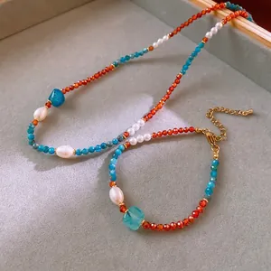 Natural Stone Beaded Necklace And Bracelet Handmade Freshwater Pearl Copper Brass Retro Vintage National Style For Women