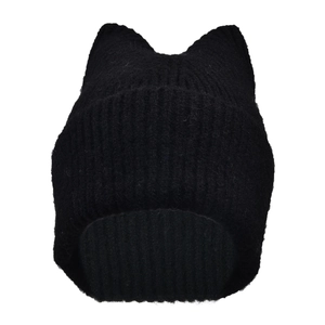 Close-up of black ribbed knit beanie with cute cat ear design and warm fuzzy texture