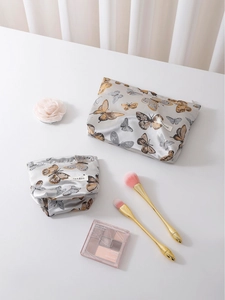 Vintage butterfly print makeup bag set with zipper pouch and drawstring organizer bag
