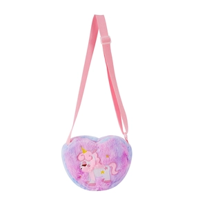 Plush heart-shaped unicorn crossbody bag with colorful gradient faux fur and pink strap