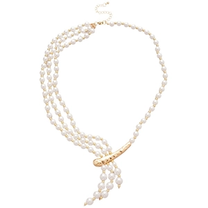 Elegant multi-layer pearl necklace with a hammered gold-tone metal bar centerpiece