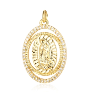 Detailed view of an oval Virgin Mary pendant in gold with cubic zirconia inlay