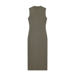 Detailed view of olive green ribbed knit sleeveless midi dress with back seam texture