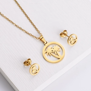 Minimalist 18k gold coconut tree pendant necklace and stud earrings set for women
