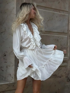 Elegant white V-neck chiffon short dress with ruffle tiers and long flared sleeves