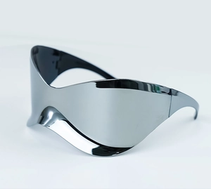 Detailed side view of futuristic silver mirrored wrap cycling glasses in Y2K style