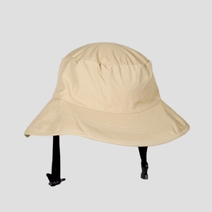 Detail of light khaki quick-dry bucket hat featuring adjustable windproof black drawstring