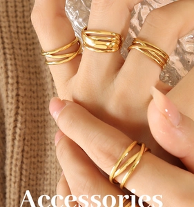 Close-up of gold plated minimalist ring set with stacked cross and textured bands