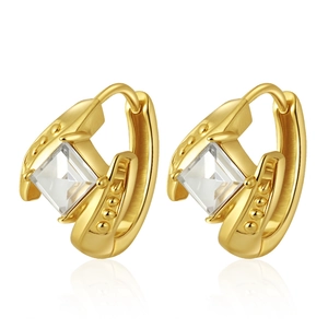 Macro shot of 18K gold plated stainless steel hoops with square zircon and bead accents
