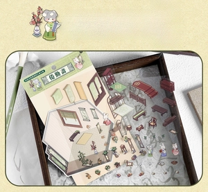 Macro detail of DIY 3D miniature scene stickers with vintage Chinese furniture and cute pets