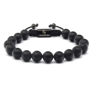 Men's hand-woven 10mm black tiger eye stone bead bracelet with engraved metal buckle