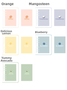 Detail view of five assorted pastel PVC ring binders with fruit patterns and grid layout