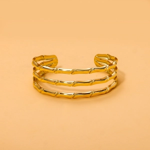 Elegant gold titanium steel triple-layered open cuff bracelet with bamboo texture design