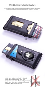 Detail view of the black RFID leather wallet with built-in Apple AirTag holder and ejector