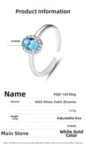 Detail view of S925 silver ring with 4x6mm oval blue zircon and size specifications