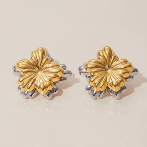 Boucles d'oreilles fleurs bicolores en acier inoxydable doré et argenté avec gravures