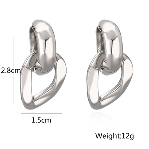 Polished silver geometric chunky link earrings with heart drop charm and dimensions
