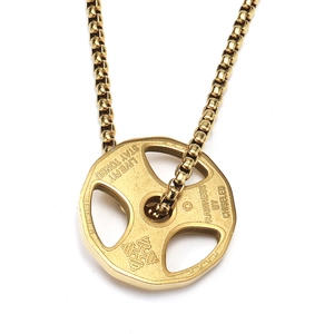 Golden barbell plate pendant necklace with Live Fit engraving on white background