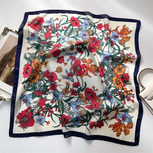 Floral satin silk square scarf with colorful flower print and navy blue hem 70cm
